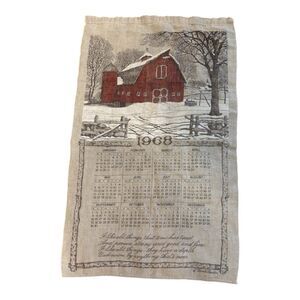 VINTAGE 1968 CALENDAR TOWEL Linen Red Barn Winter Snow Scene Warren Boucher